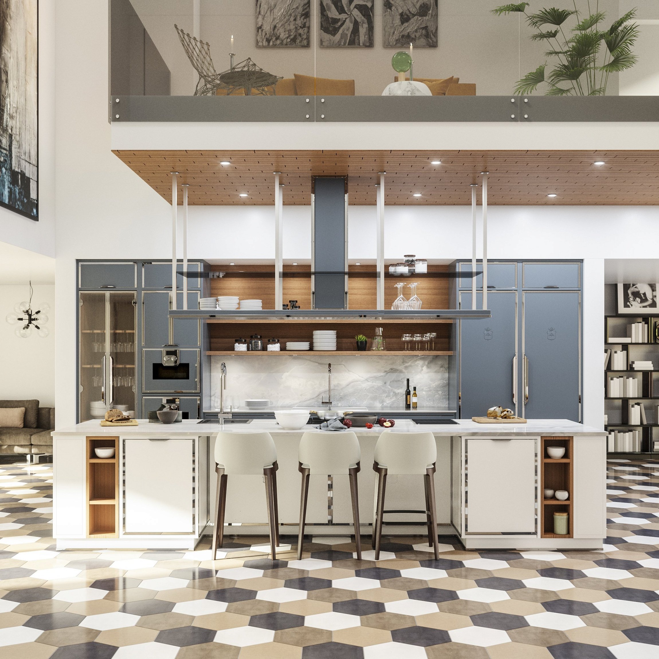 Modern Kitchen Bianco Segnale e Blu Colomba e Cromo Lucido