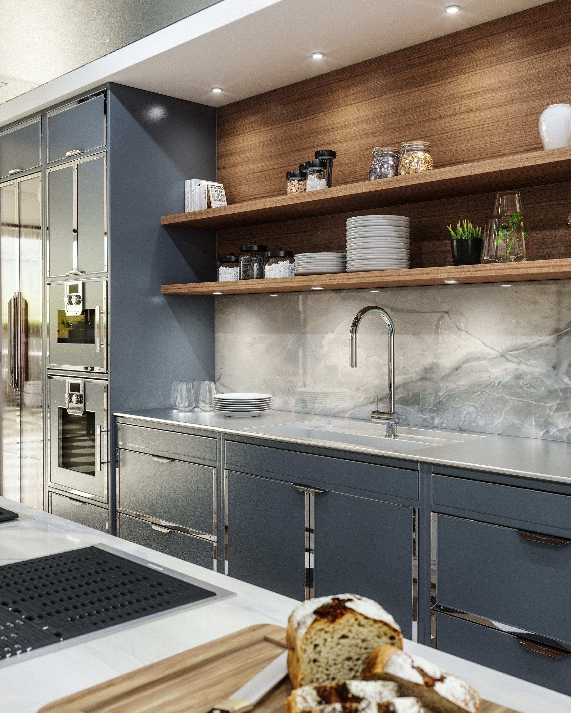 Modern Kitchen Bianco Segnale e Blu Colomba e Cromo Lucido