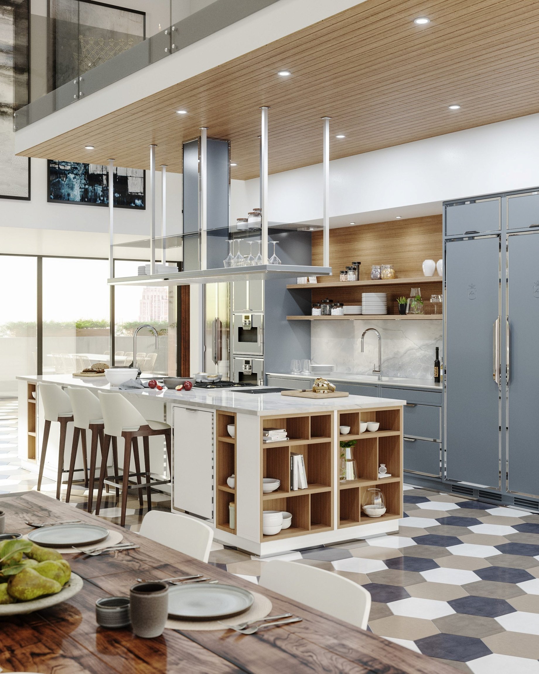 Modern Kitchen Bianco Segnale e Blu Colomba e Cromo Lucido