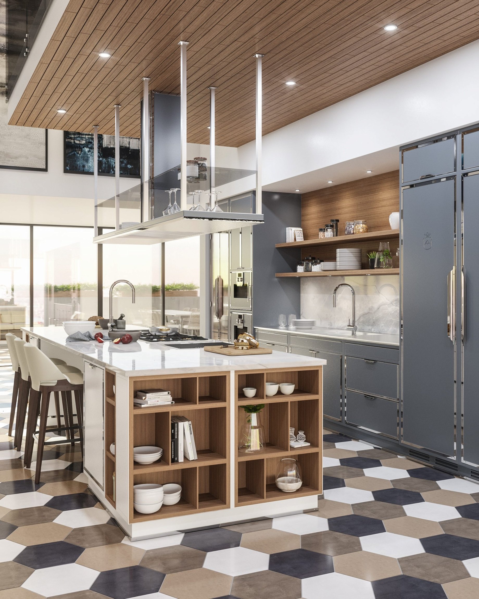 Modern Kitchen Bianco Segnale e Blu Colomba e Cromo Lucido