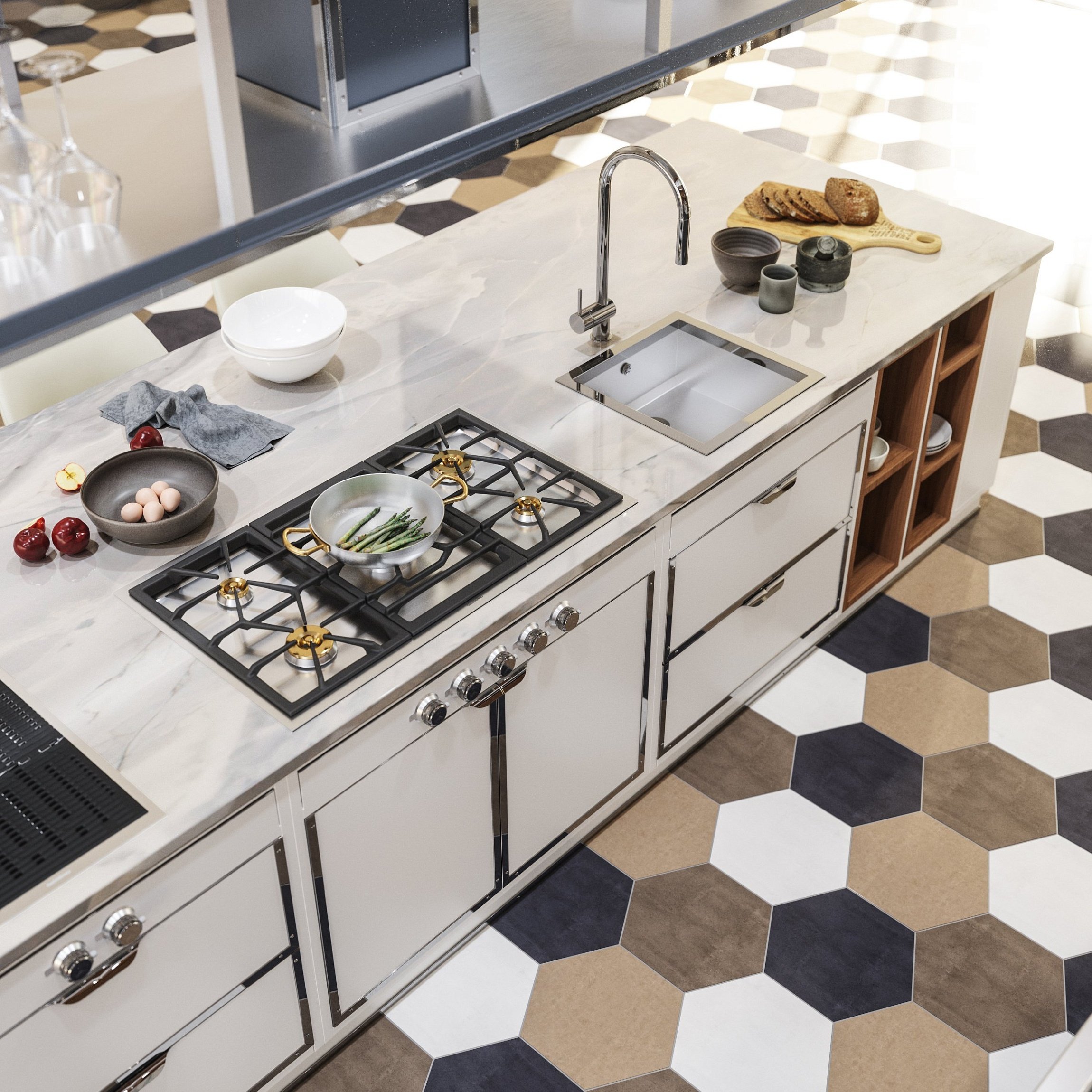 Modern Kitchen Bianco Segnale e Blu Colomba e Cromo Lucido